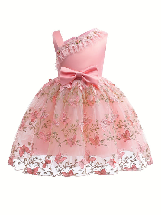 Floral Butterfly Embroidered Dress with Tulle Skirt