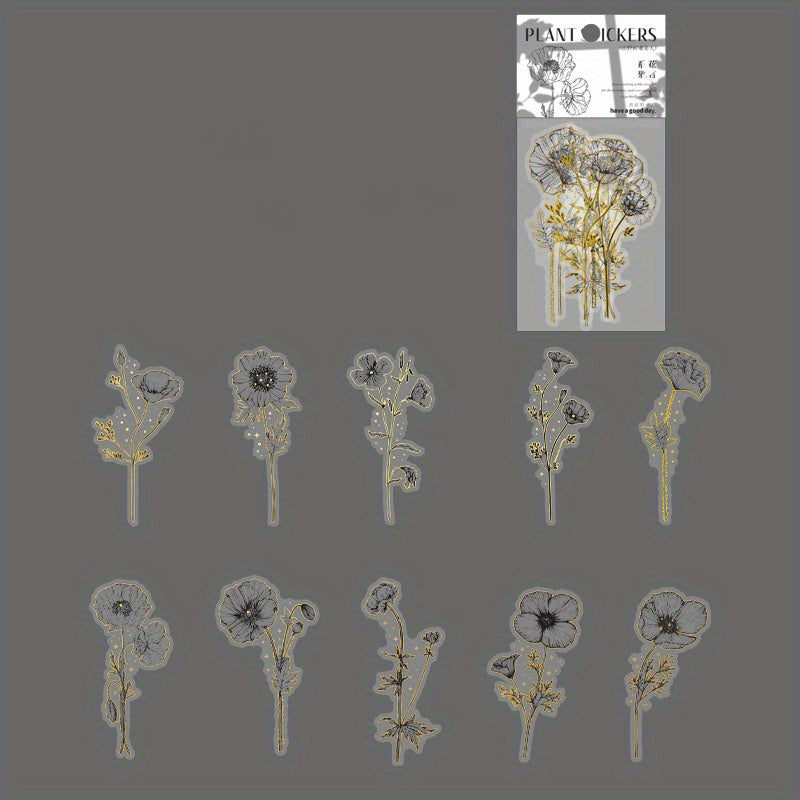 Retro Flower Stickers Set - Literary Artistic Plant Silvery Stamping DIY Decor