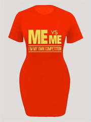  Slogan Print Short Sleeve Round Neck Dress