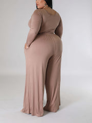 Plus Solid Long Sleeve Round Neck Crop Top & Belted Wide Leg Pants Outfit Set
