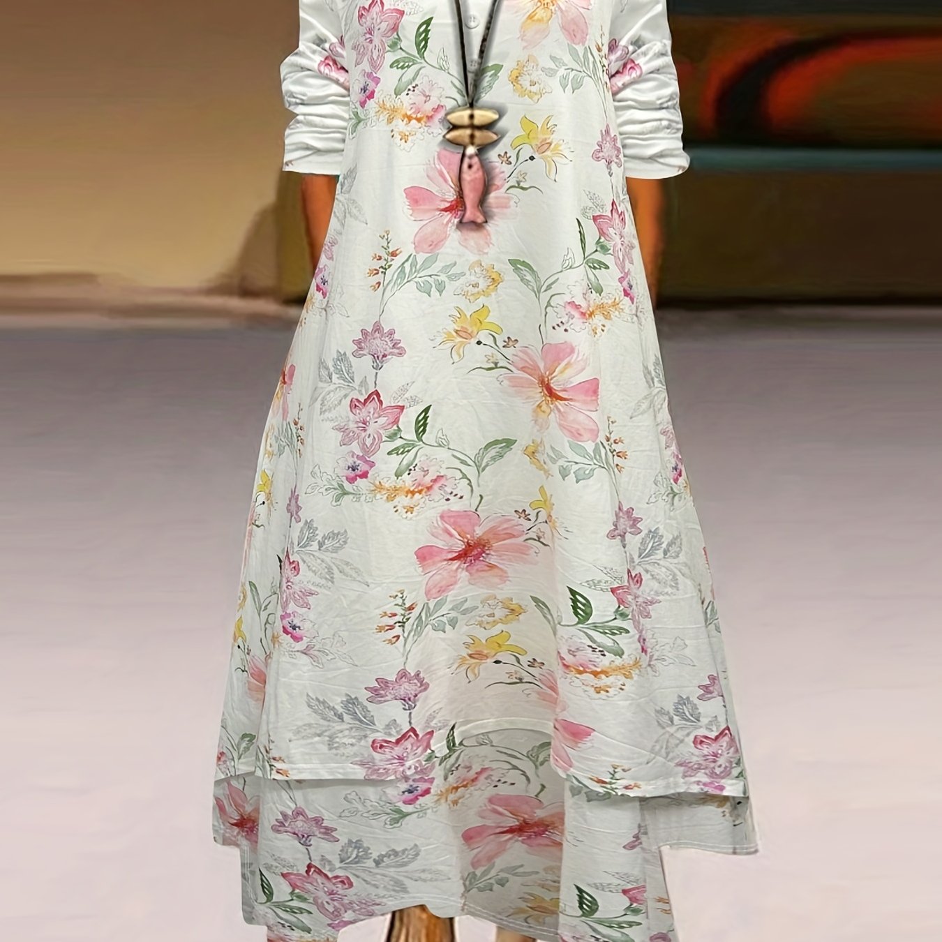  Floral Print Long Sleeve Maxi Dress With Pockets