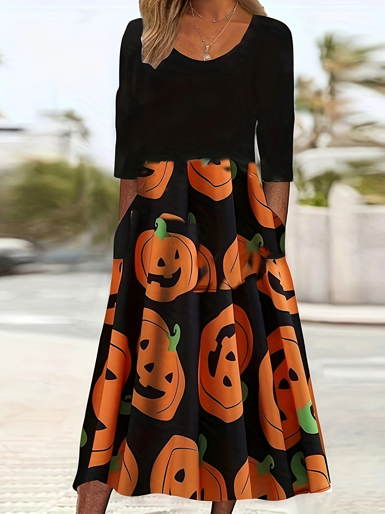  Colorblock Pumpkin Print Round Neck Dress With Pockets