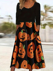  Colorblock Pumpkin Print Round Neck Dress With Pockets