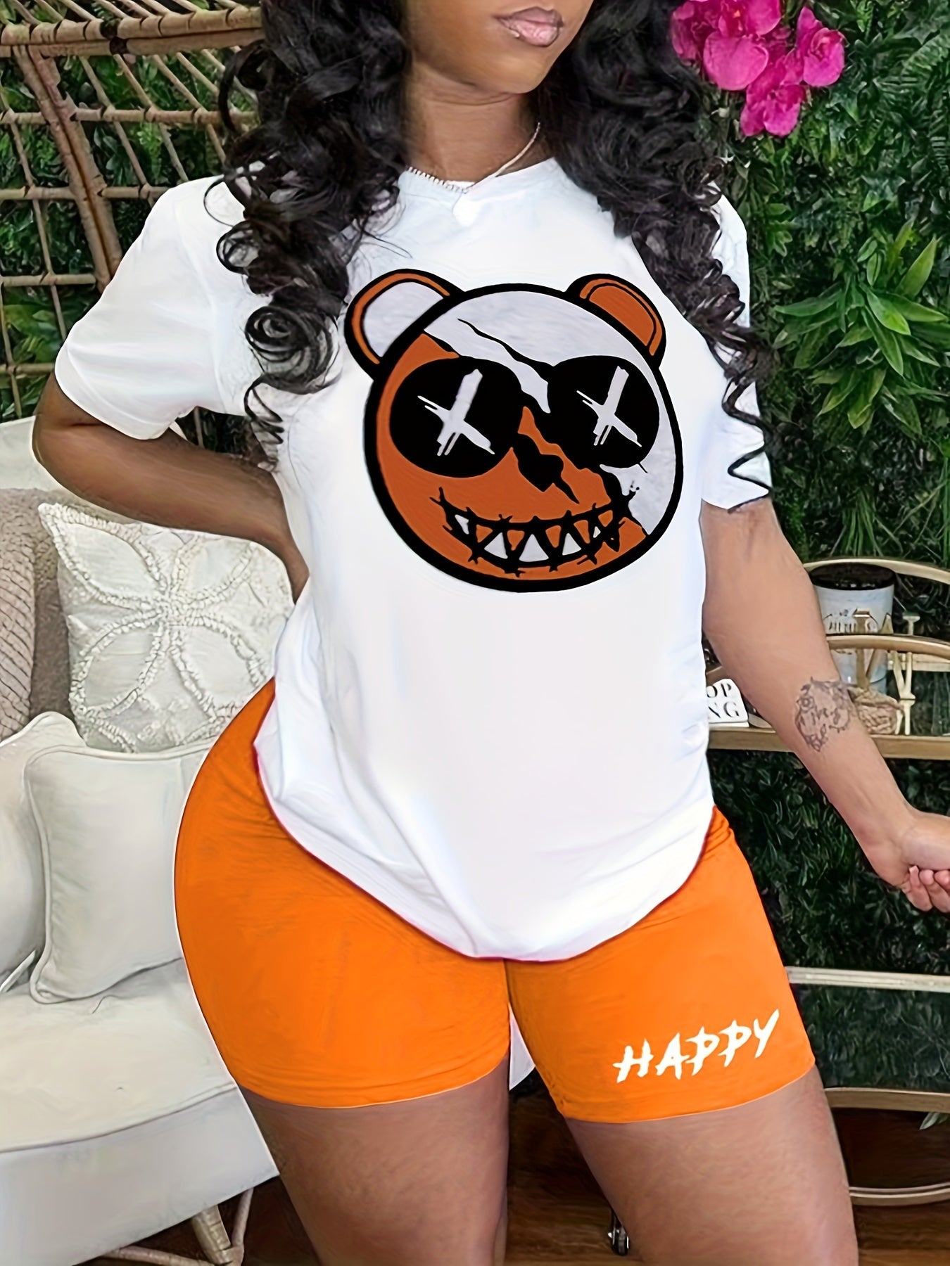  Colorblock Bear Print Crop Top & Shorts Set