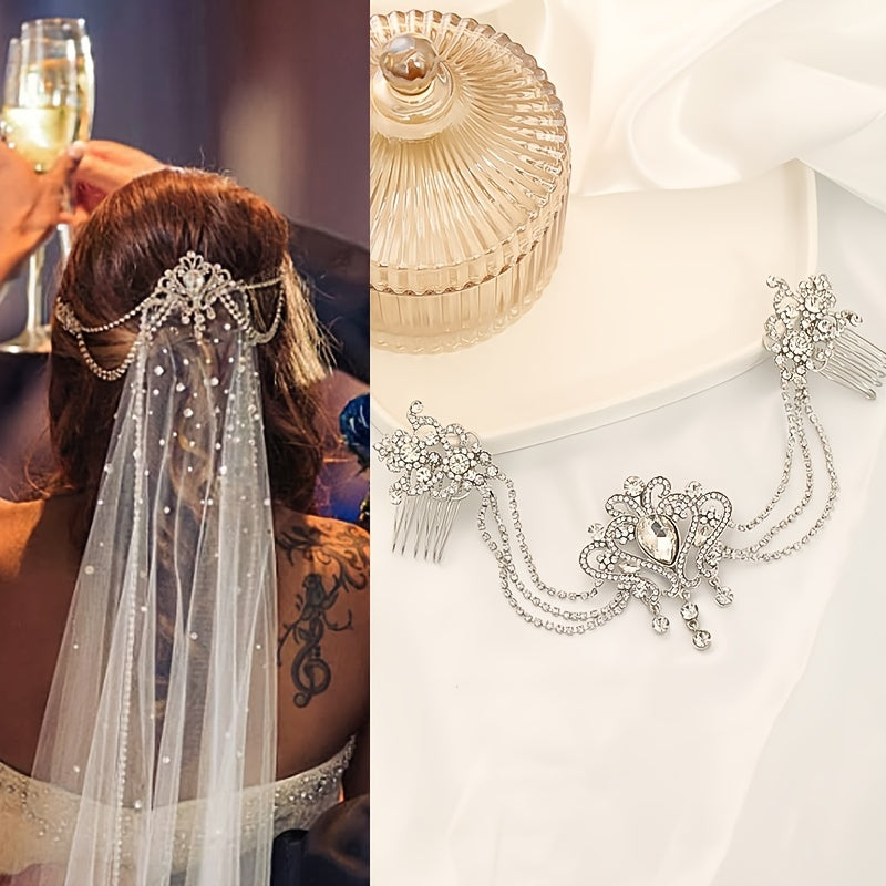 Crystal Tiara Hair Chain Headband for Bride & Weddings with Comb