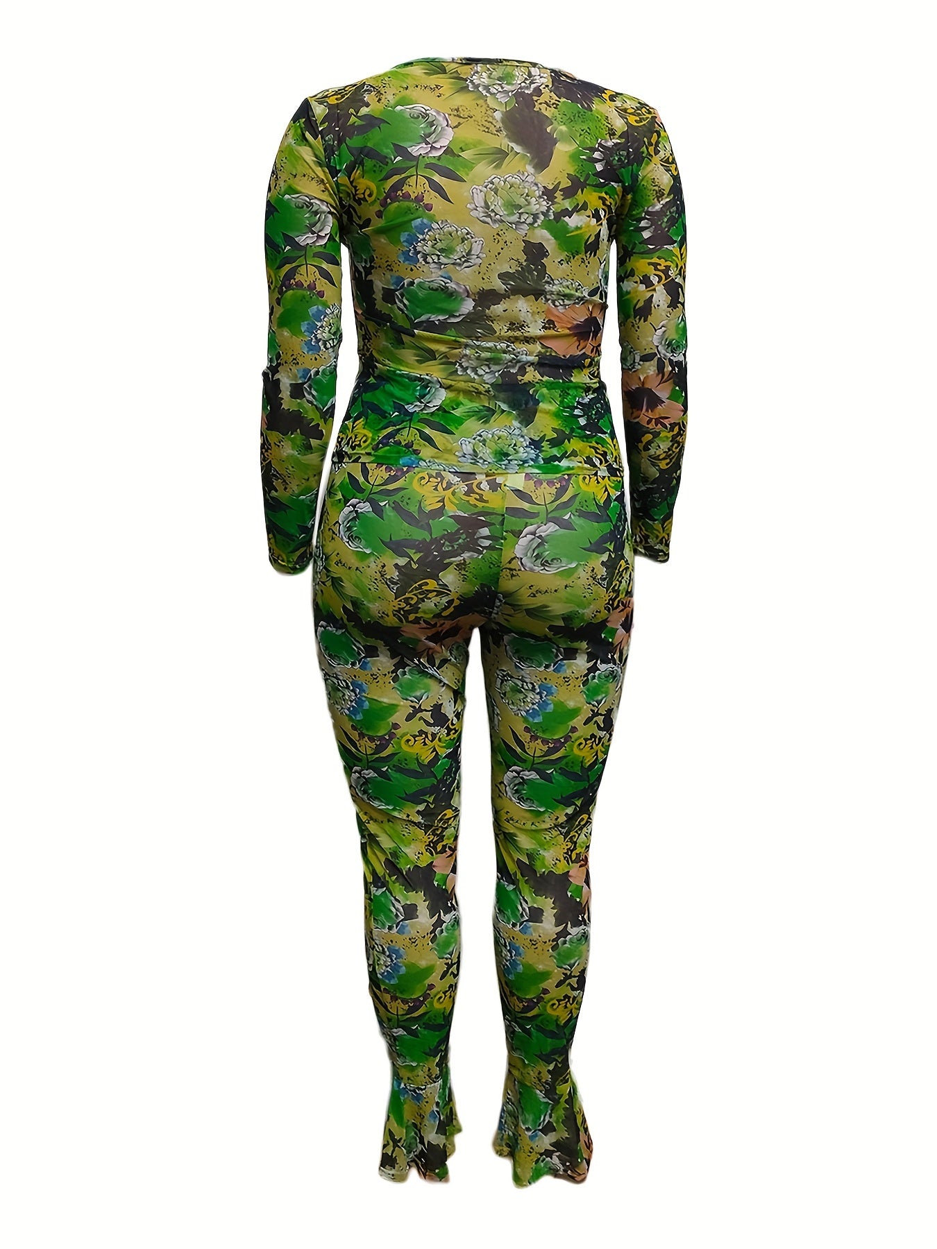 Women's Plus Floral Print Long Sleeve Top & Flared Leg Pants Set