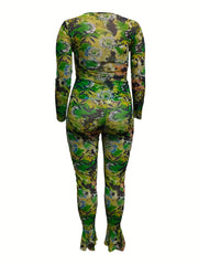 Women's Plus Floral Print Long Sleeve Top & Flared Leg Pants Set