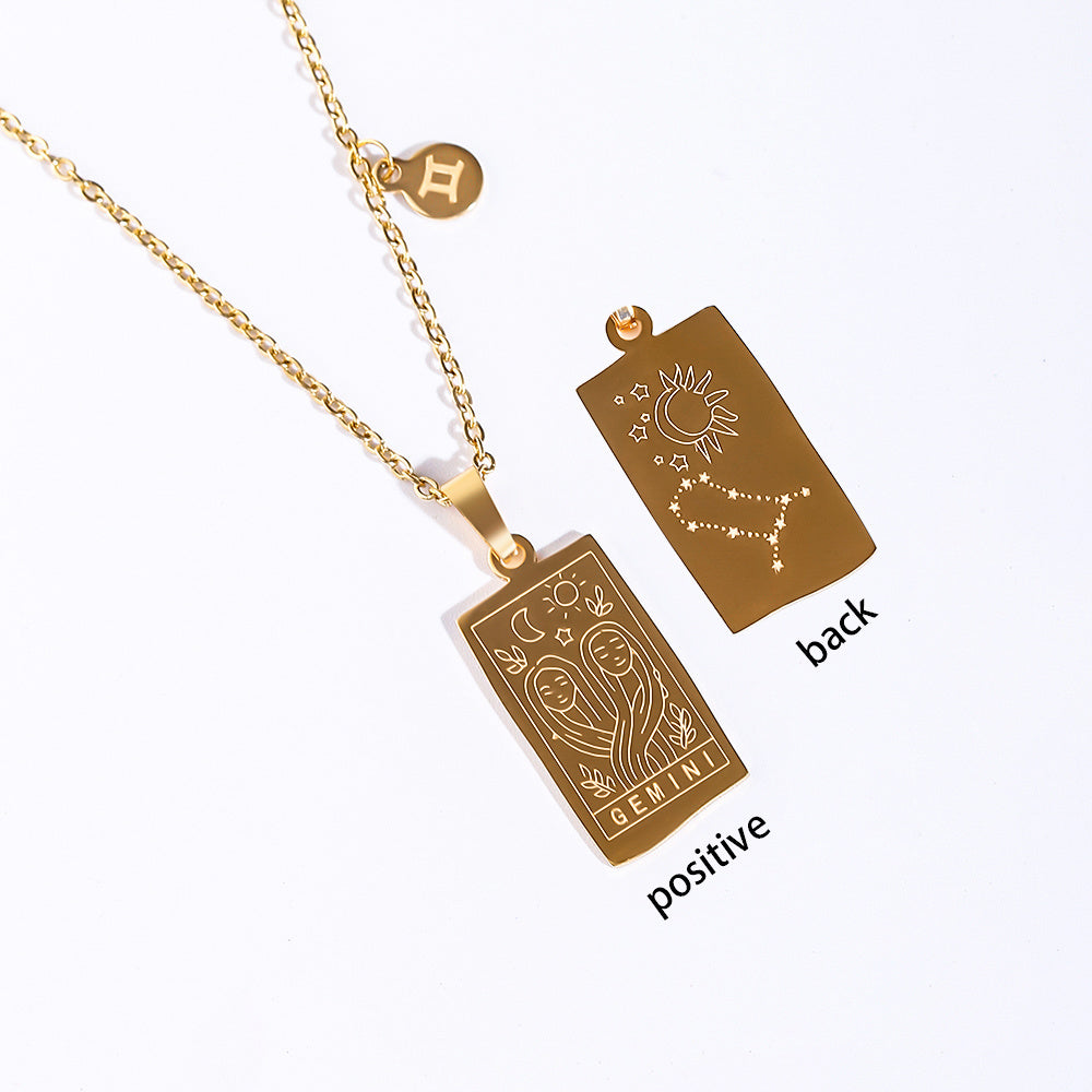 Stainless Steel Tarot Card Pendant Necklace 18K Plated Horoscope Jewelry