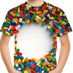 Boys 3D Building Blocks Graphic T Shirt Casual Stretchy Tee