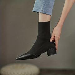 Women's Pointed Toe Ankle Boots Knitted Slip On Low Heels Stretch Short Boots
