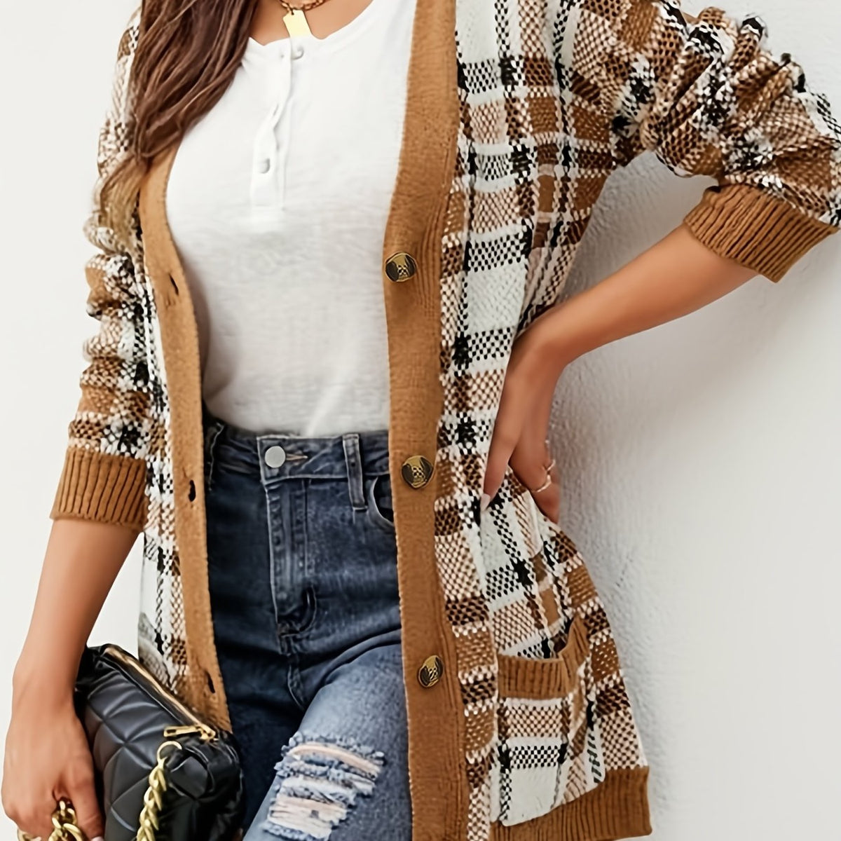  Plaid Print Long Sleeve Button Up Cardigan with Pockets