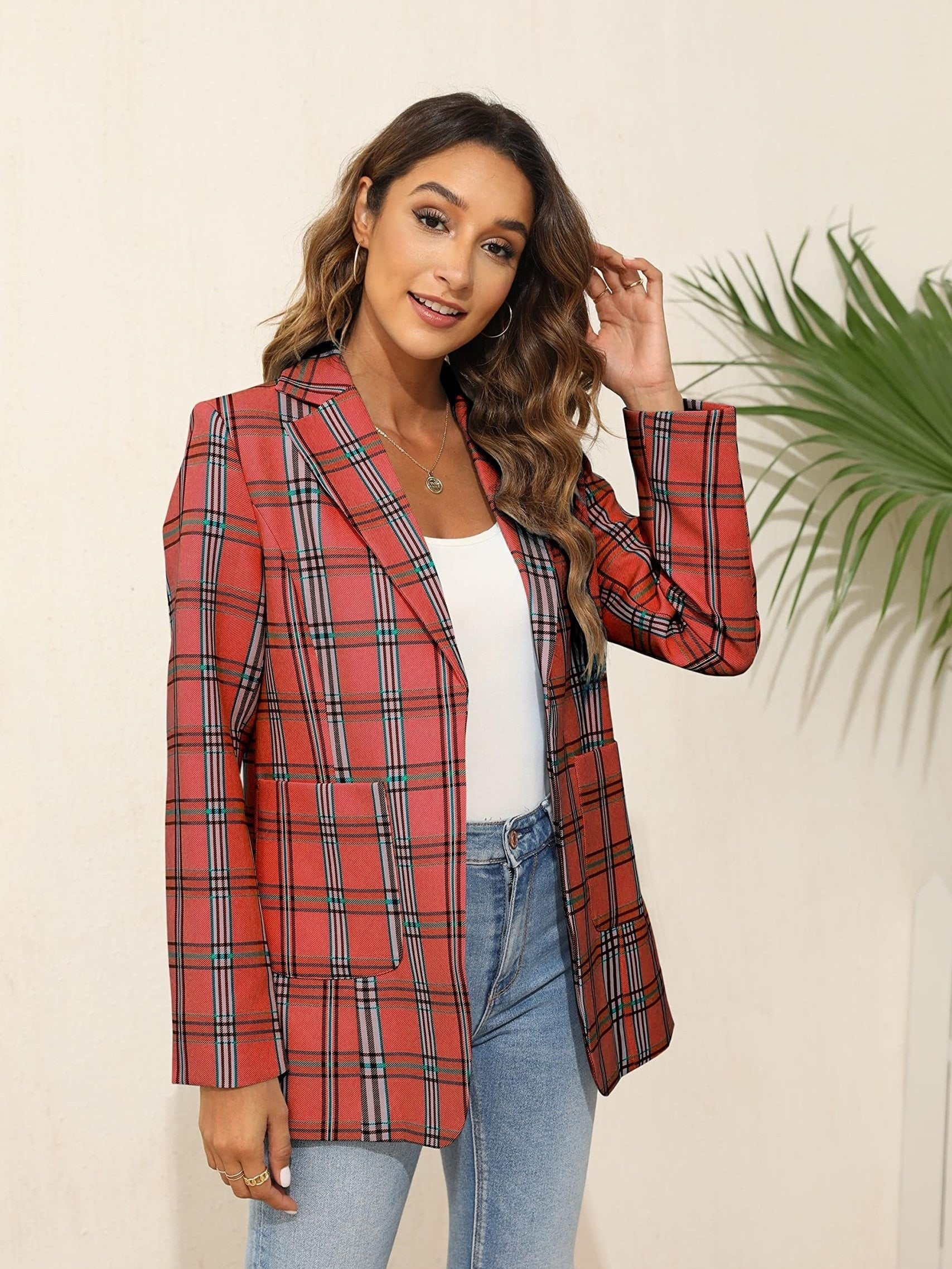 Plaid Print Open Front Dual Pockets Blazer Long Sleeve for Work Women