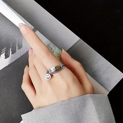 Happy Face & Chain Decor Good Luck Detail Silver Ring