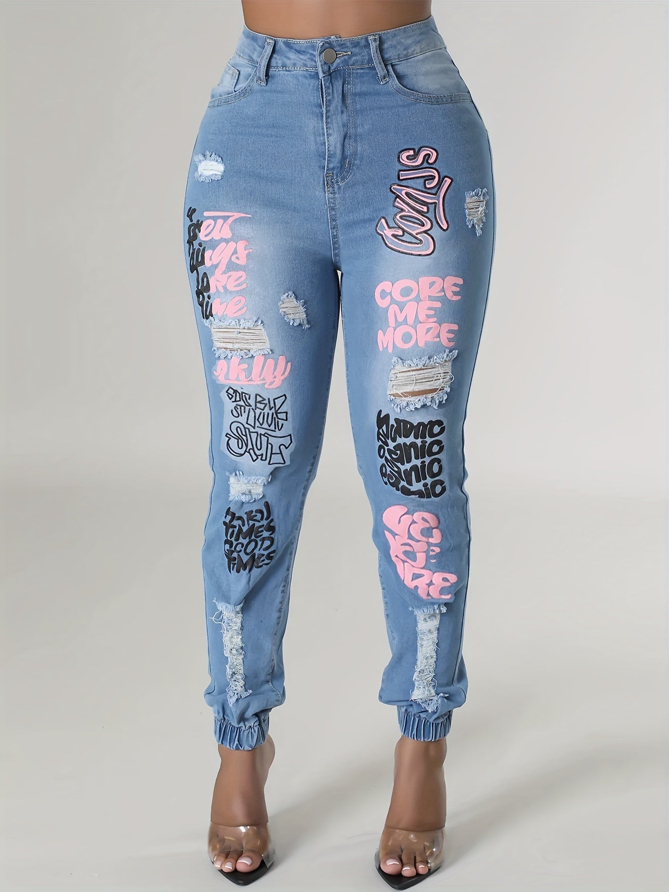 Women's Plus Graffiti Print Ripped High Rise Jogger Jeans