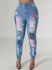 Women's Plus Graffiti Print Ripped High Rise Jogger Jeans