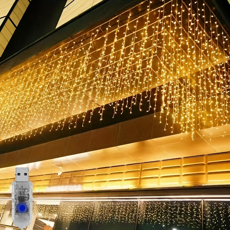 Outdoor Icicle Lights 4m 13ft 90 LED 8 Modes USB Plug In Curtain String Lights