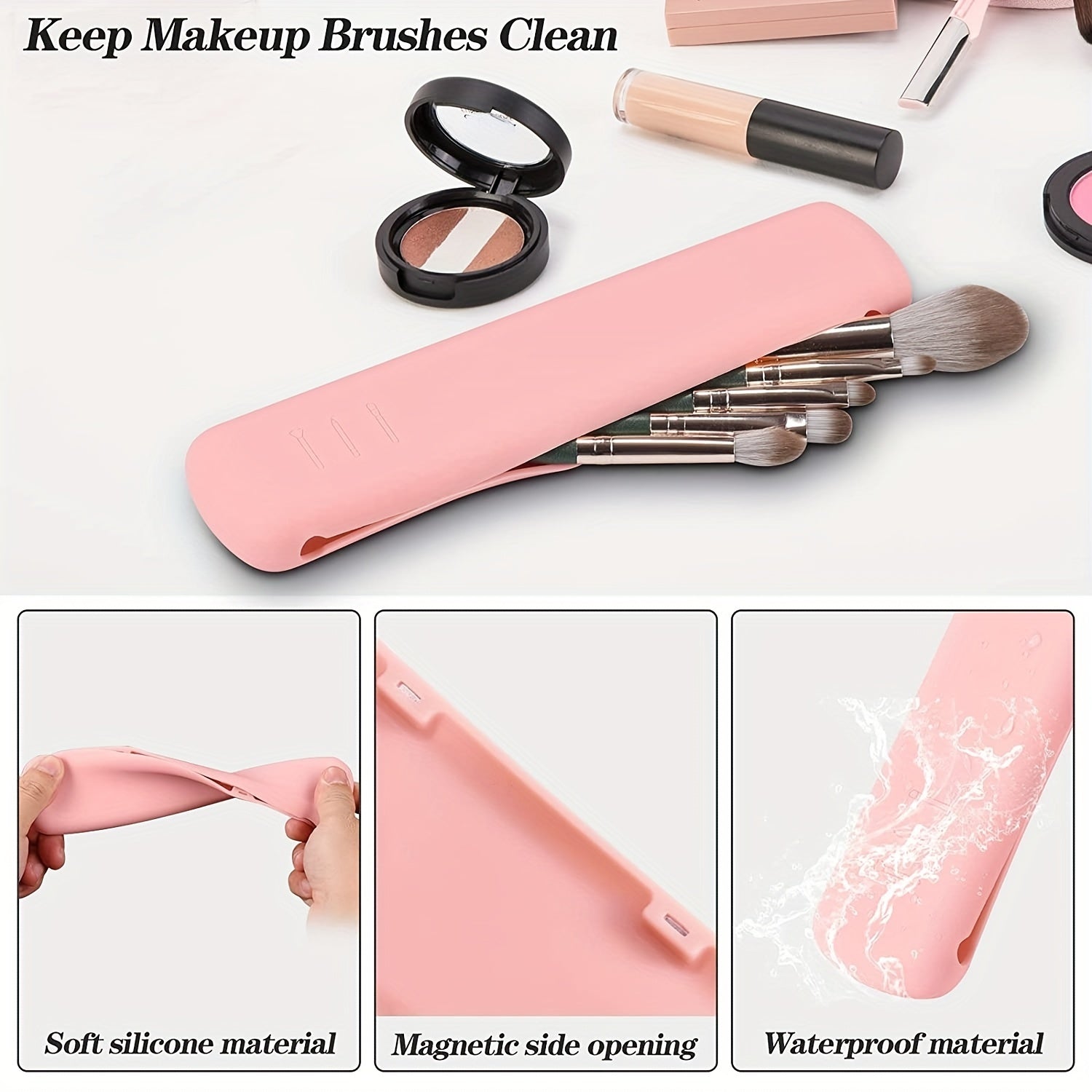 Silicone Makeup Brush Holder with Magnetic Snaps - Travel Case Bag