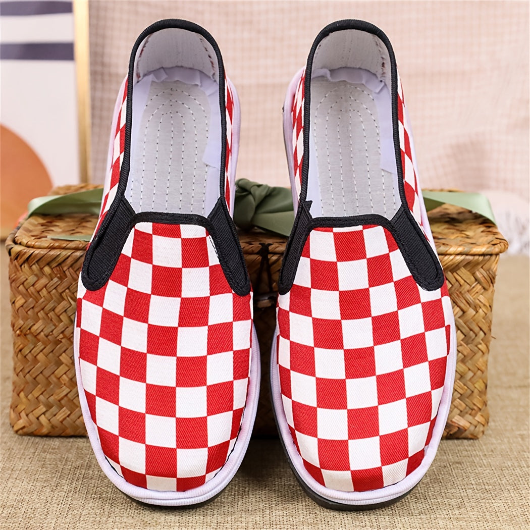 Women's Checker Pattern Canvas Shoes Slip On Flat Loafers