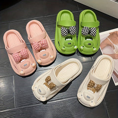 Women's Bear Clogs Checkered Bowknot Closed Toe Sandals