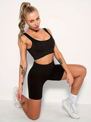 Solid Casual Suits Sports Bra & Yoga Shorts Set Women's Clothing