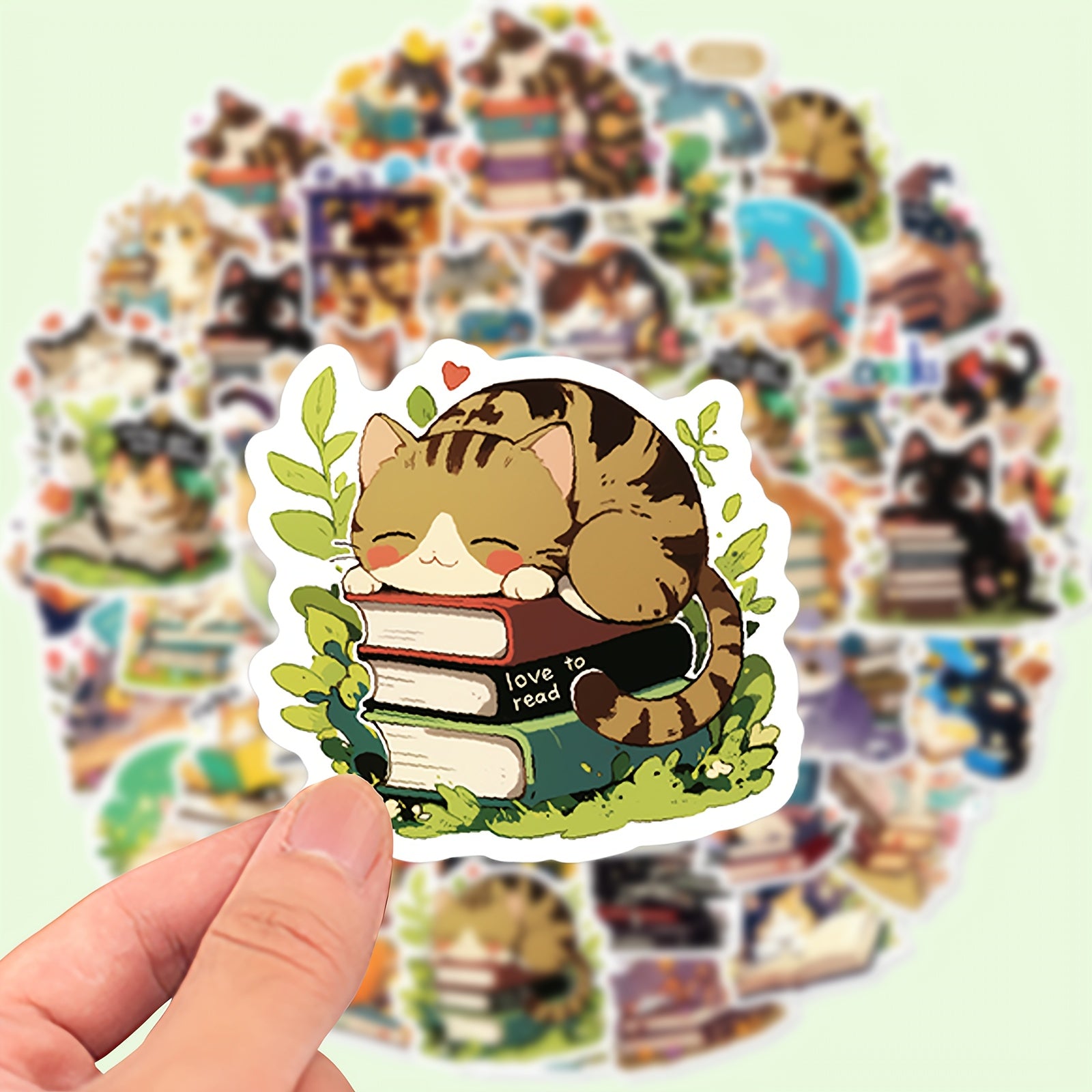 50pcs Reusable Cat Reading Stickers for Laptops Water Bottles Notebooks