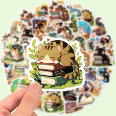 50pcs Reusable Cat Reading Stickers for Laptops Water Bottles Notebooks