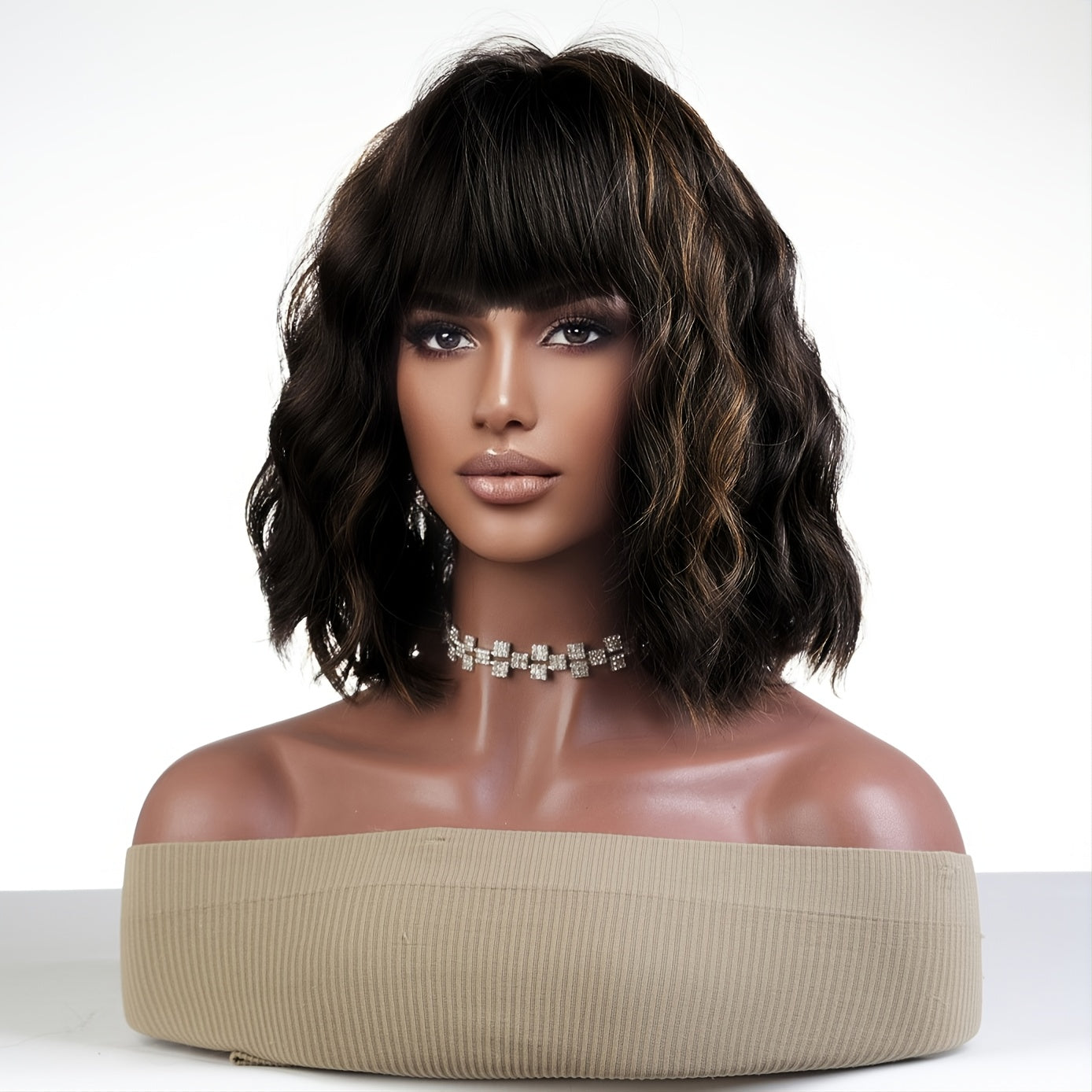 Short Bob Wavy Curly Wig With Bangs Heat Resistant Hair Wigs