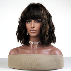 Short Bob Wavy Curly Wig With Bangs Heat Resistant Hair Wigs