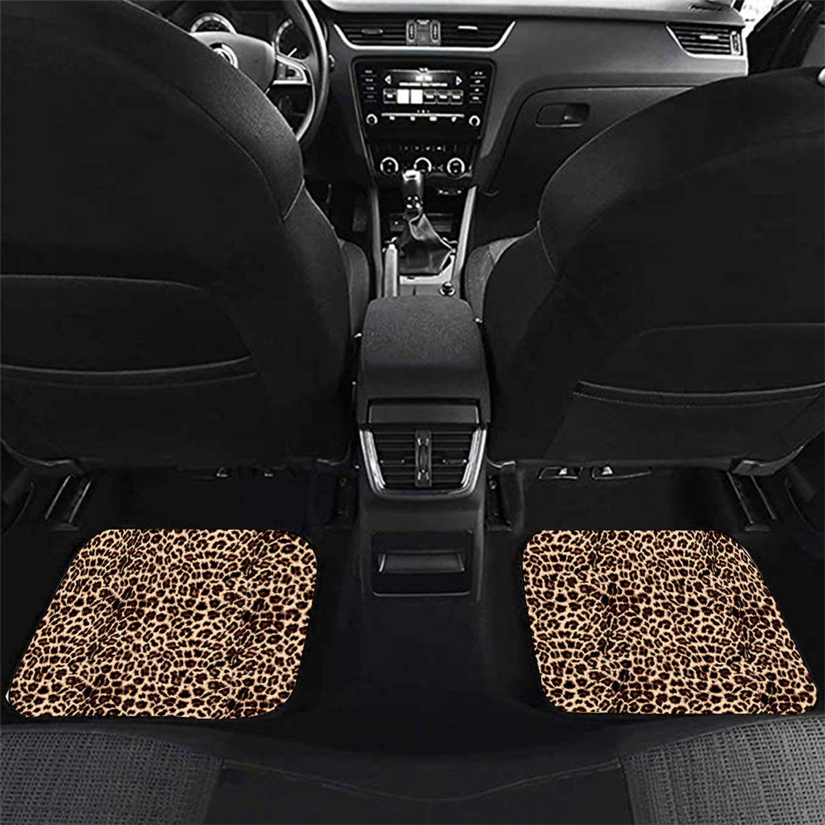 4pcs Leopard Print Car Seat Floor Mats Brown Front Rear Seat Pads