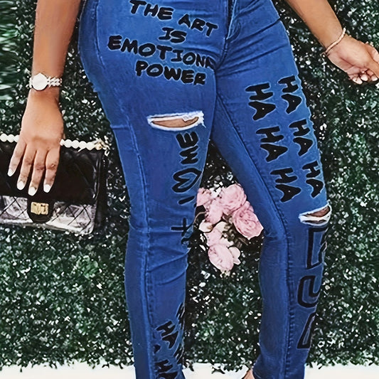  Women's Ripped Skinny Jeans with Slogan Print