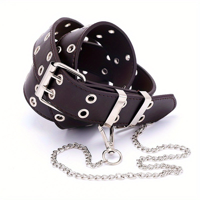 Punk Double Eyelet PU Belt with Chain Charm for Jeans
