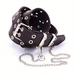 Punk Double Eyelet PU Belt with Chain Charm for Jeans