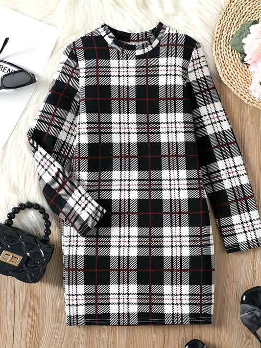 Kid Girls' Plaid Stand Collar Dress For Party Going Out