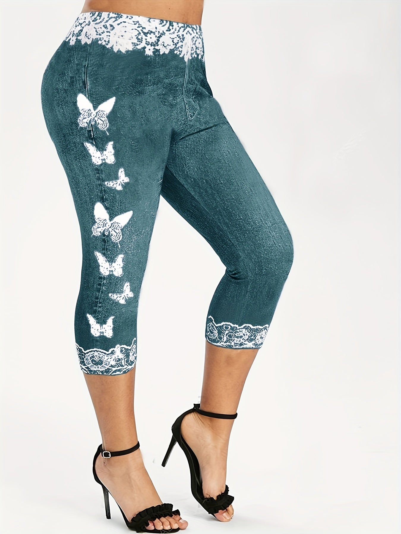 Butterfly & Denim Print Skinny Leggings High Waist Yoga Leggings