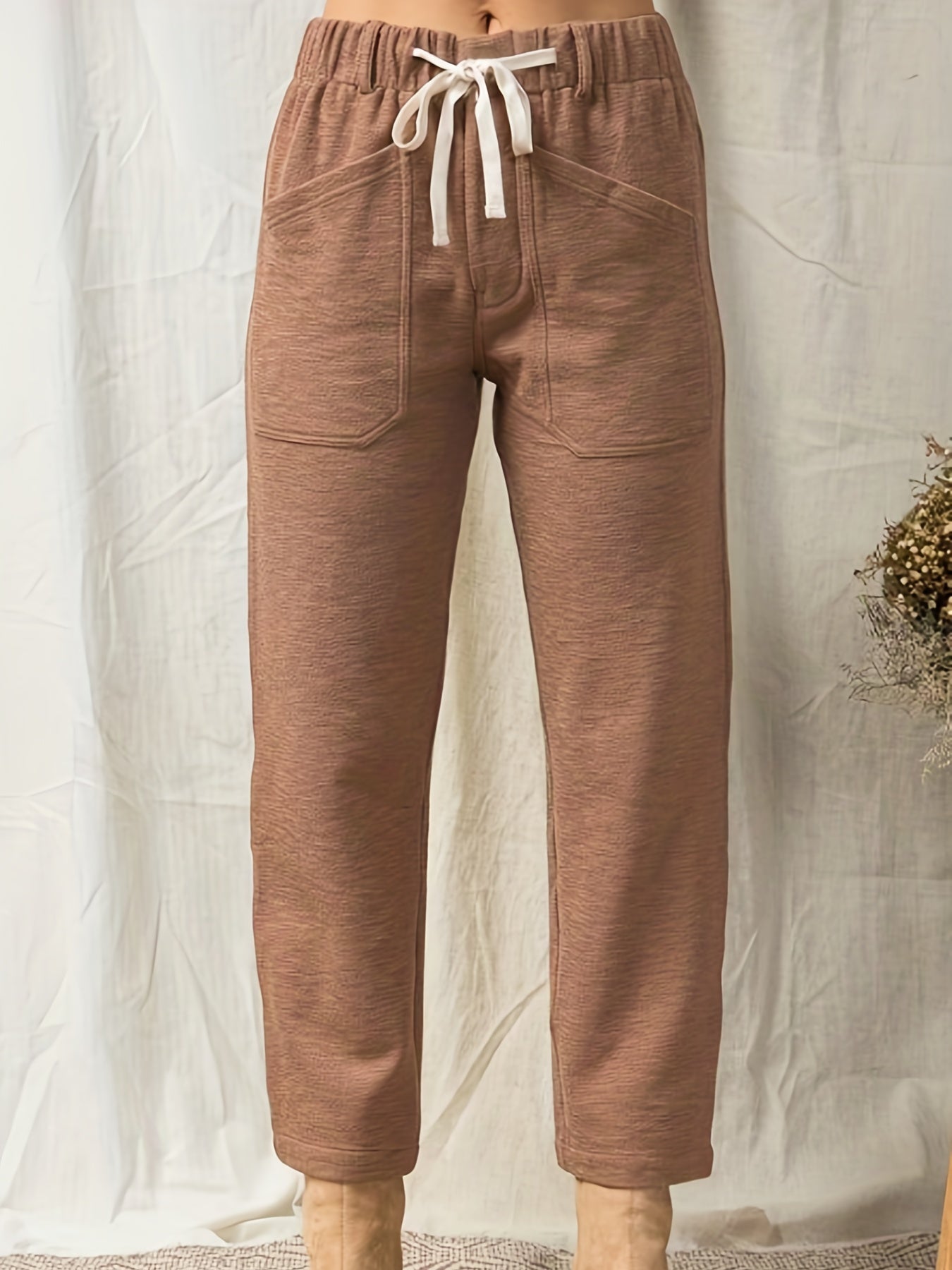  Solid Drawstring Tapered Leg Pants With Pockets