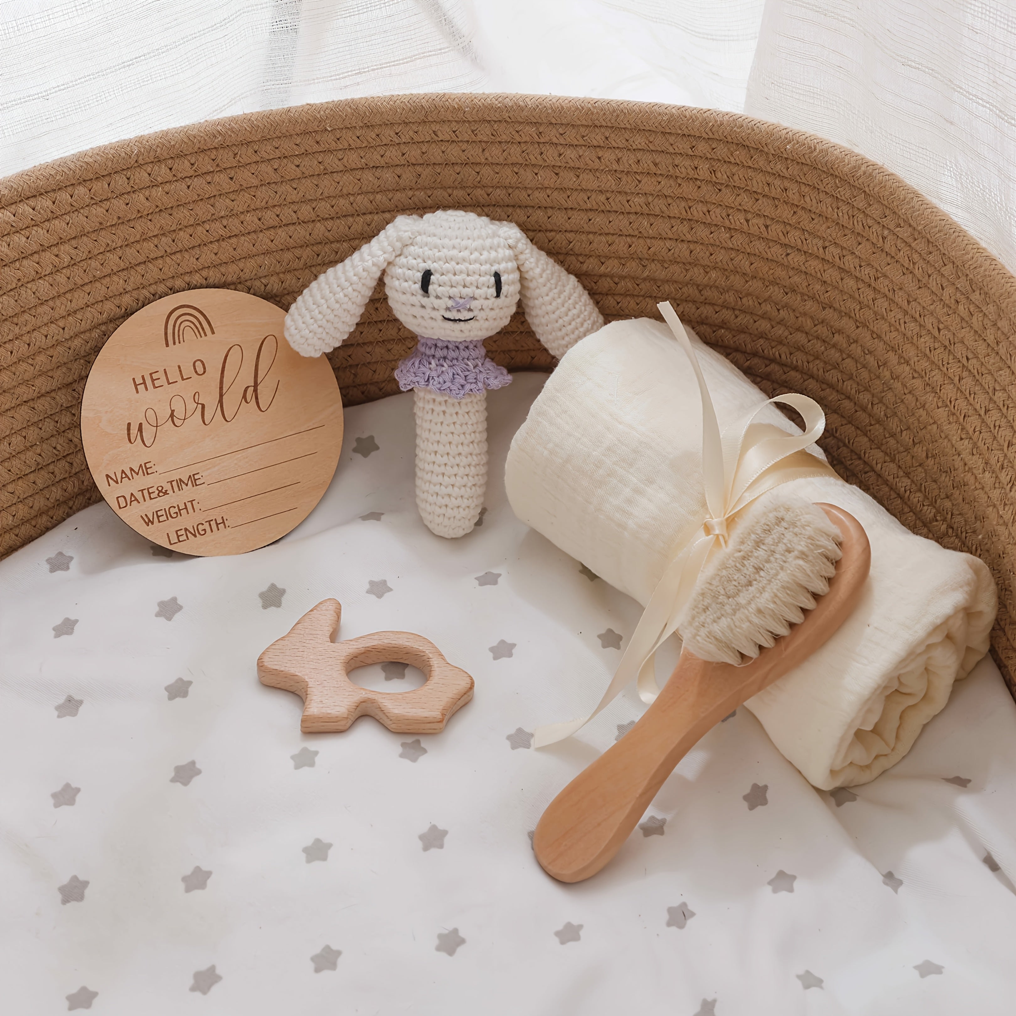 Handwoven Bamboo Bath Towel Bunny Ring Wool Brush for Newborns