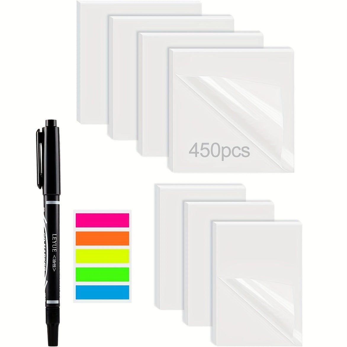 450 Sheets Transparent Sticky Notes Waterproof Memo Paper 6 Colors Marker
