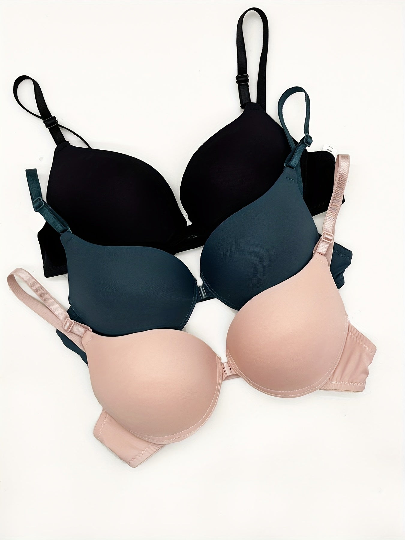 3 Sets Front Buckle Push Up Bras Comfy & Breathable T Shirt Bra Women's Lingerie