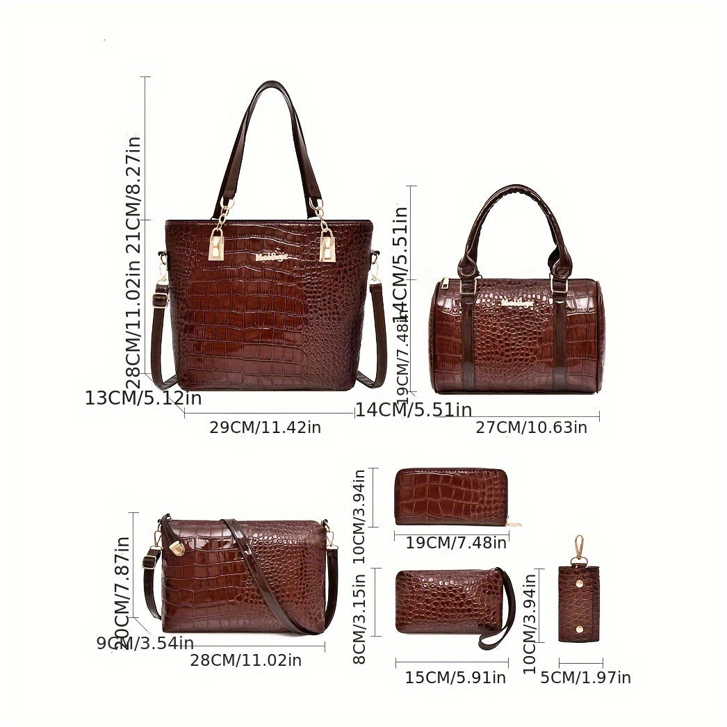 6 Pc Crocodile Pattern Bag Set Women's Shoulder Tote Handbag Crossbody Clutch Wa