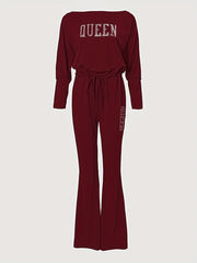 Solid Queen Print Off Shoulder Jumpsuit Casual Batwing Long Sleeve Jumpsuit