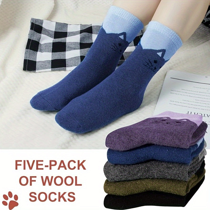 5 Pairs Cat Wool Socks Winter Warm Socks Thick Cozy Socks for Women and Men