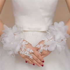 Red Bridal Gloves Short Flower Decorated