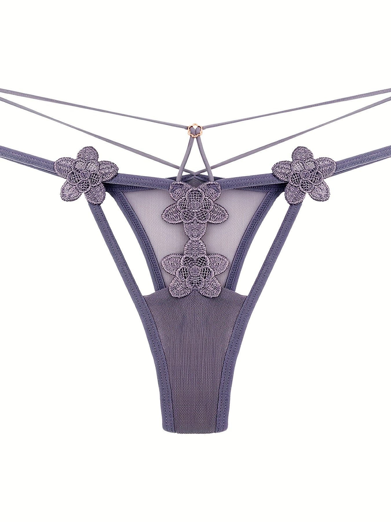 Floral Embroidery Thongs Double Ribbon Mesh Panties