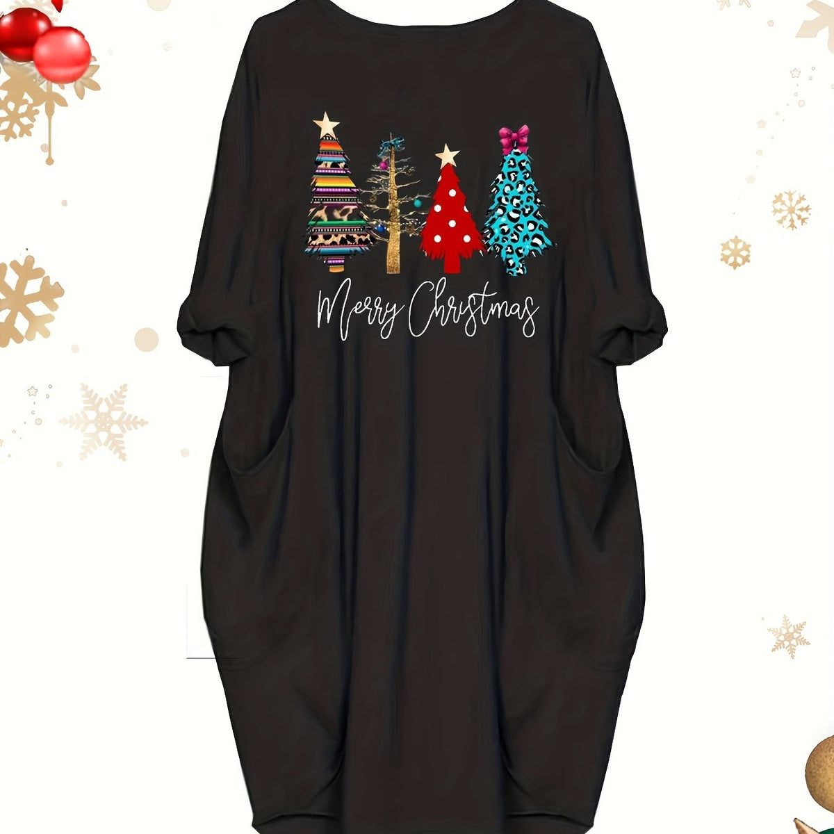  Christmas Tree Print Long Sleeve Round Neck Baggy Dress