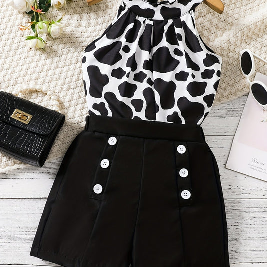 2pcs Toddler Girls Cow Graphic Halter Top & Double Breasted Shorts Set
