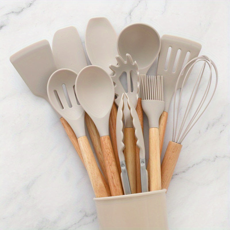 12pcs Silicone Utensil Set Khaki Kitchen Utensil Set With Wooden Handle
