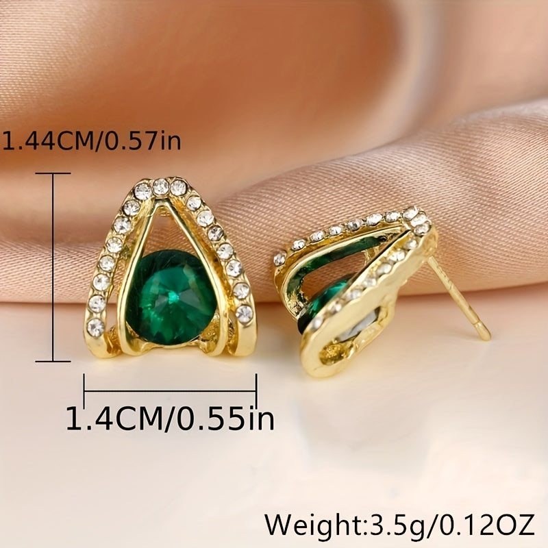 Green Stone Stud Earrings 18K Plated Women Girls 1Pair