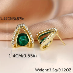 Green Stone Stud Earrings 18K Plated Women Girls 1Pair