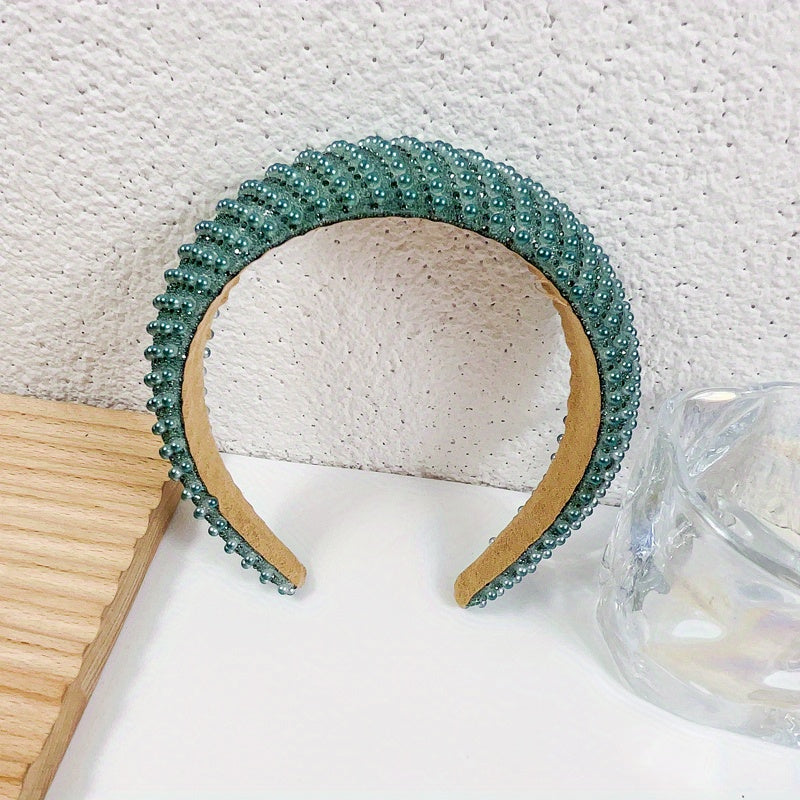 Baroque Faux Pearl Headband Wide Head Hoop with Rhinestone Head