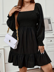  Solid Lantern Sleeve Square Neck Ruffle Dress